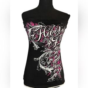 Y2k Harley-Davidson Black Tube Top with White and Pink Graphics
